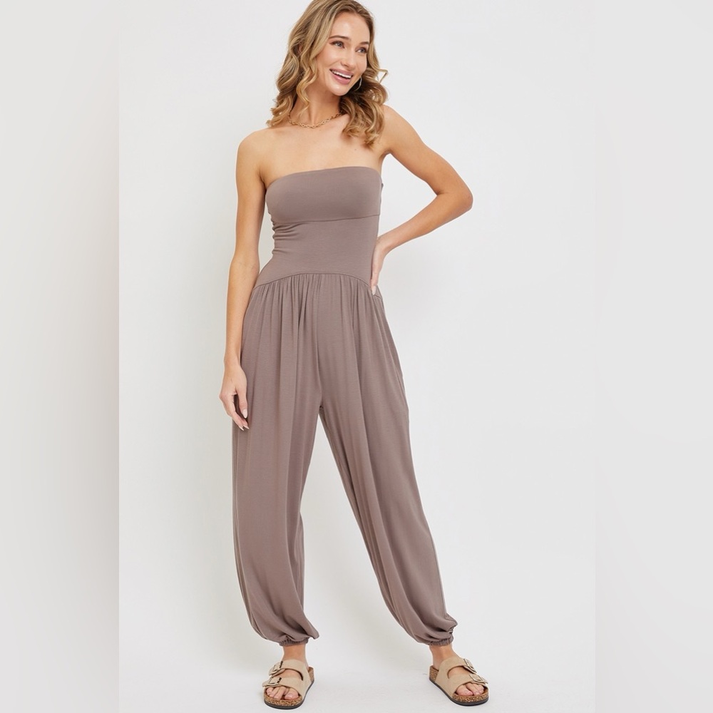 Strapless Taupe Jumpsuit, drop waist